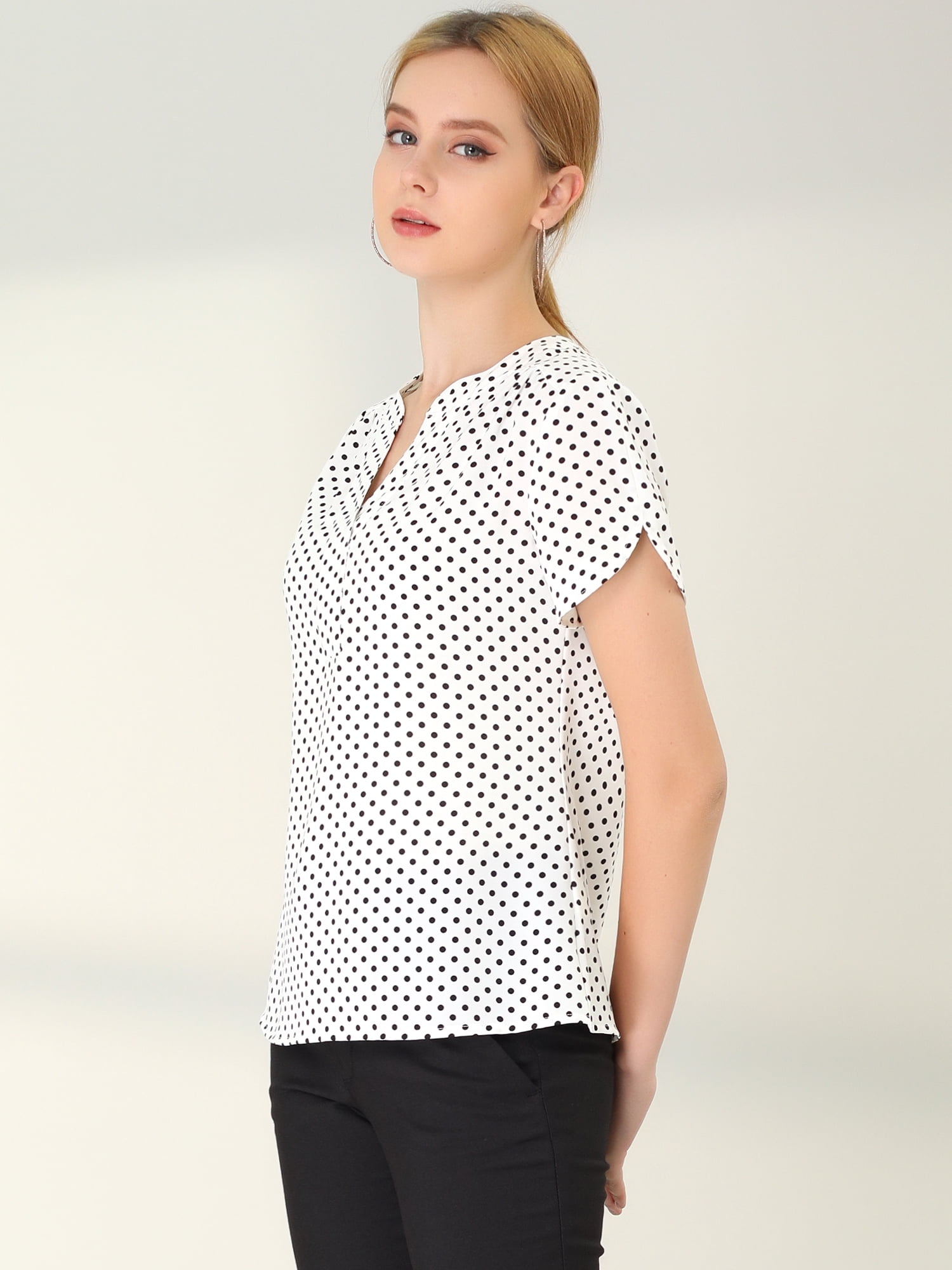 DARING DIVA V Neck Dots Printed Work Office Blouse Top XL White
