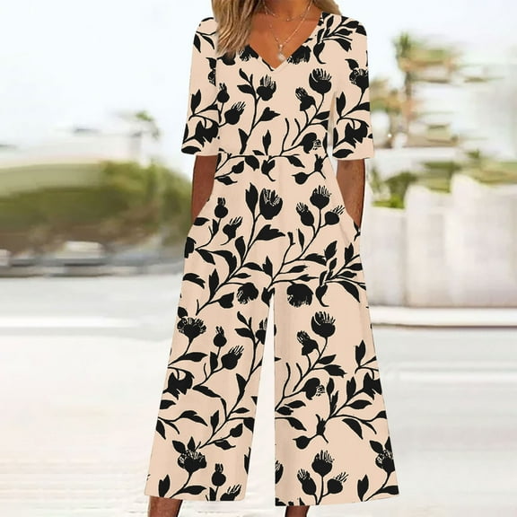 Wowcloth Women Summer Floral Print Casual Short Sleeved V-neck Back Zipper Side Pocket Jumpsuit Pants