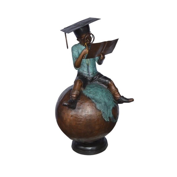 Nifao Student learning on top of world bronze statue – Outdoor Garden Decor Sculpture, 28"L x 24"W x 52"H