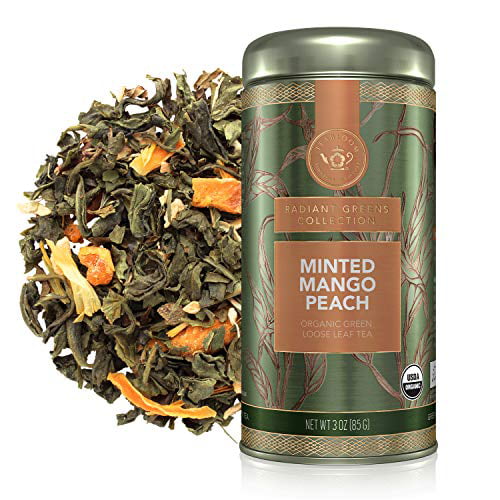Teabloom Organic Green Tea, Minted Mango Peach Loose Leaf Tea, USDA Certified Organic, Fresh Whole Leaf Blend in Reusable Gift Canister, 3oz/85 g Canister Makes 35-50 Cups