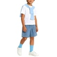 thumbnail image 5 of Daiosportswear Boys 4 Piece Summer Outfit Set, Crew Neck Tee Detachable Shawl Pocket Denim Shorts Knee High Socks for 3-16Y Sky Blue 13-14 Years, 5 of 9
