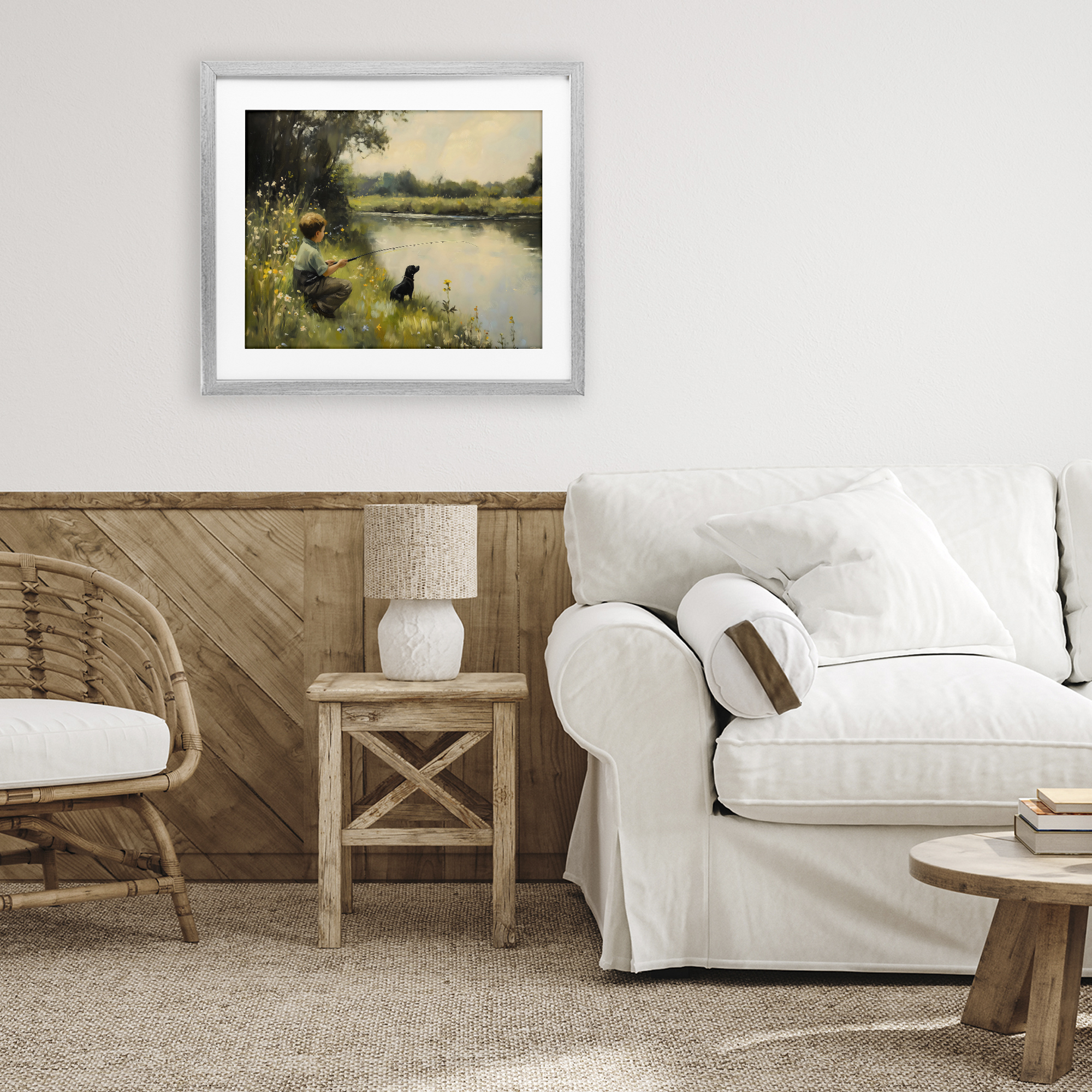 Boy & Puppy Fishing Gray Framed Print Under Glass, design by Arlington Prints