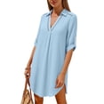 thumbnail image 5 of ClodeEU Women's Cotton Linen Lace Lapel V Neck Short Sleeve Shirt Dress,Casual Beach Cover Up Loose Dress Blue,Women's Plus XXL, 5 of 8