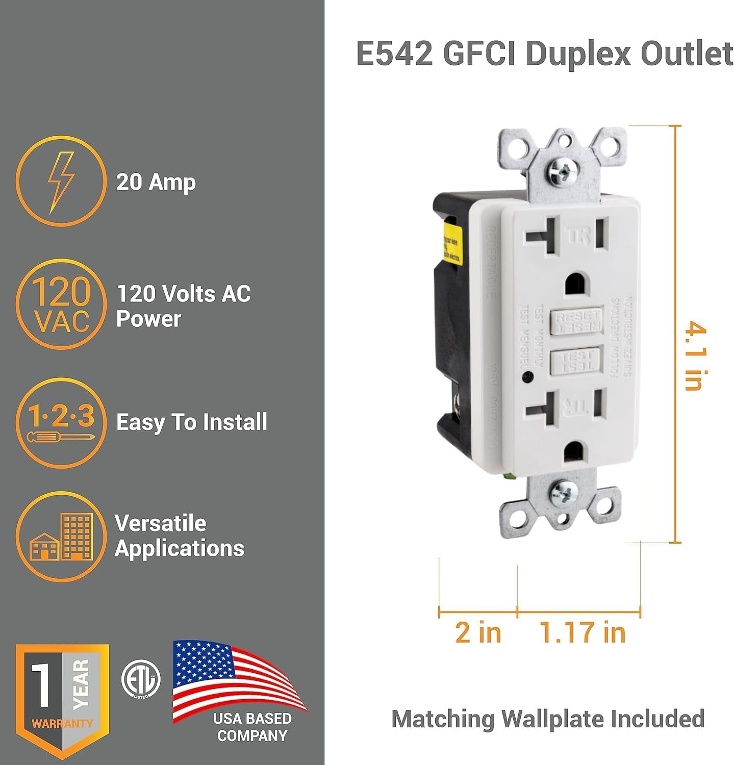 Diodesy- Pack of 2 E545 GFCI Duplex Tamper-Resistant Receptacle Outlet with Matching Decor Wall Plate, Self-Test, LED Indicator, Ground Fault Circuit Interrupter, 20 Amp, 120 Volts, White, ETL Listed