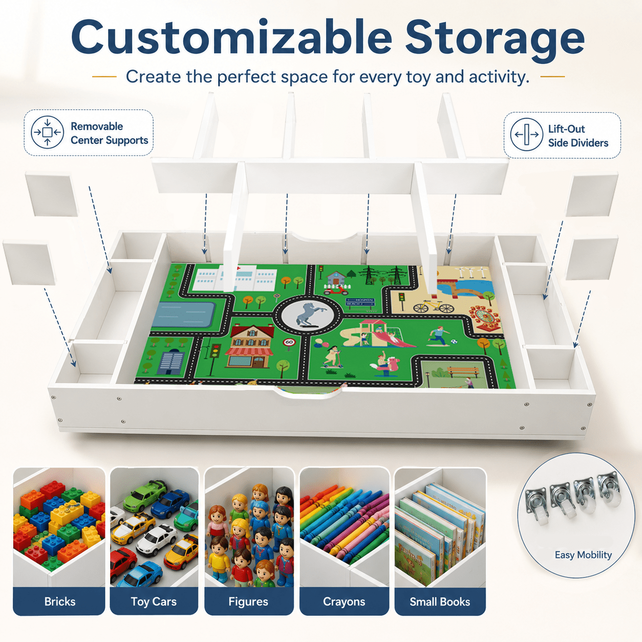The 3 in 1 Reversible Kids Activity Table and Toy Organizer Compatible with Lego, Building Bricks & Whiteboard Play Table with City Road Map, Low-Profile Design for Under Sofa/Bed Storage