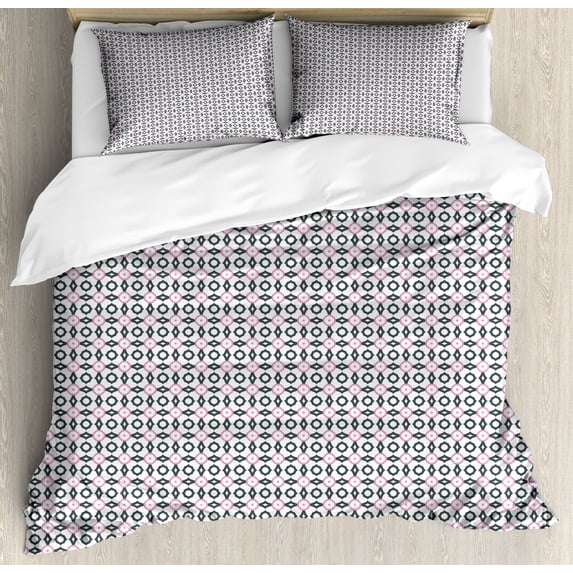 Abstract Duvet Cover Set King Size, Repeating Ornate Illustration Small Structures Oriental Artwork, Decorative 3 Piece Bedding Set with 2 Pillow Shams, Pink Dark Grey and White, by Ambesonne