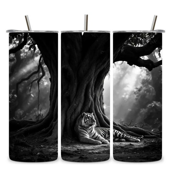 Alpha Printing 20oz Stainless Steel Tumbler – Tiger Sitting Black & White Full-Wrap Artwork, Wildlife Nature Design, Insulated Travel Mug