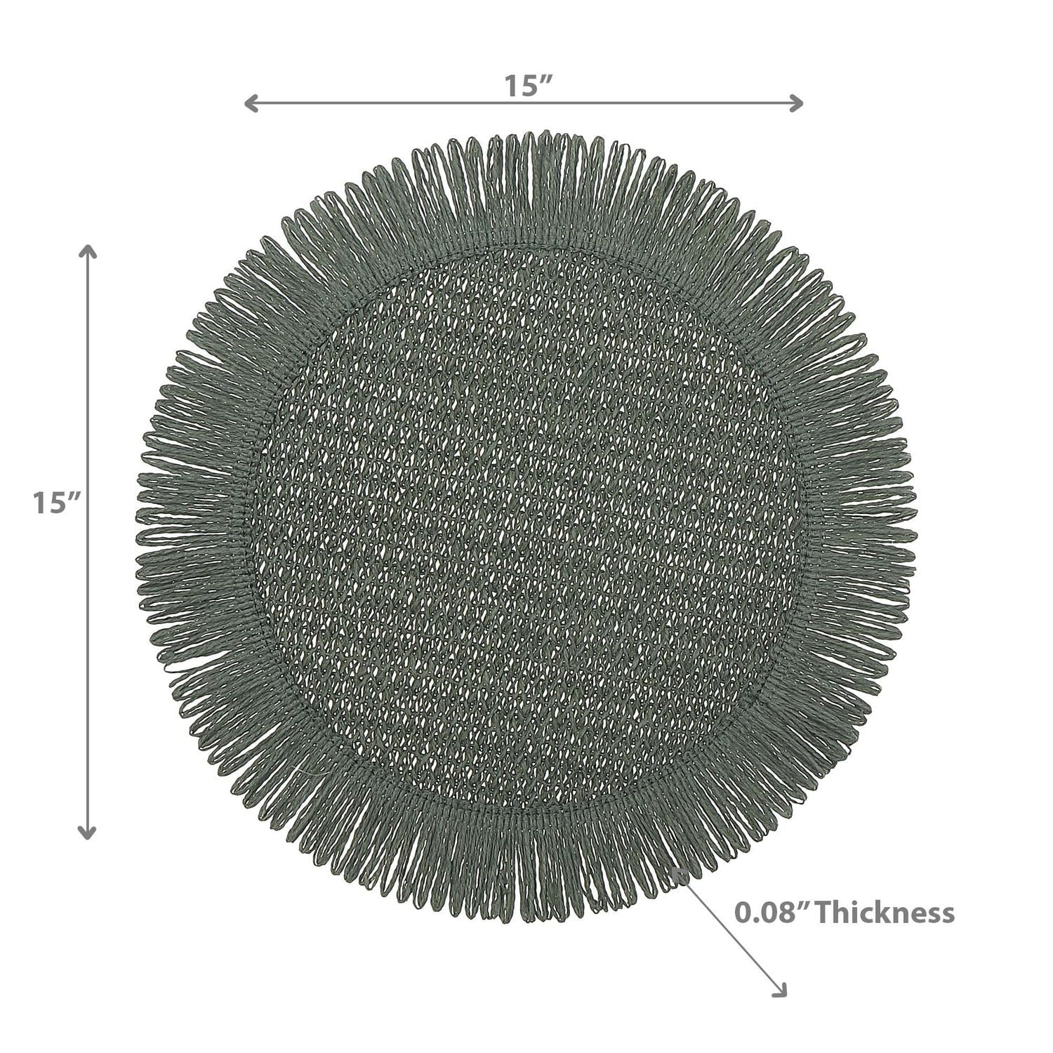 Woven Round Placemat With Fringes Green 15 X 15 - Set of 12