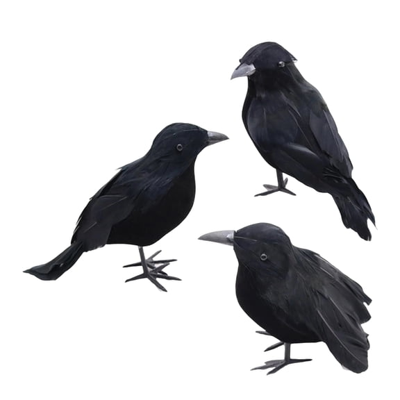 Halloween Black Artificial Feather Crow Figurine Set Of 3, Spooky‑Style Decorative Ornament, Holiday Accent For Shelf, Mantel And Indoor Halloween Home Decoration