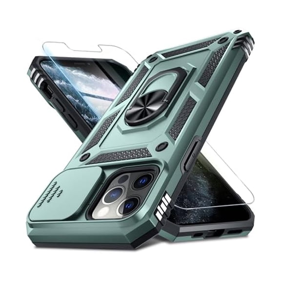 Case for iPhone 12 & 12 Pro Phone Cover Built in Slide Camera Lens Cover Screen Protector,Heavy Duty Shockproof Full Body PhoneCase with Finger Ring Holder Kickstand,Dark Green