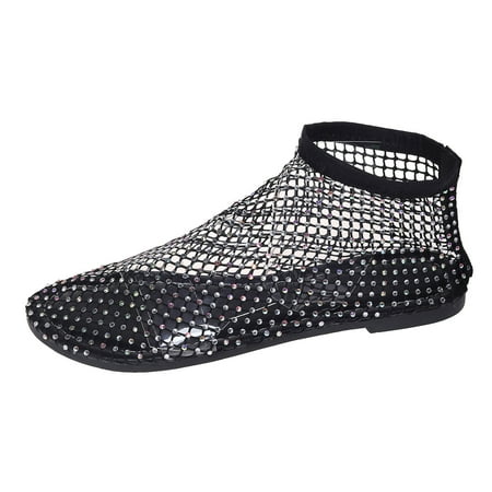 QYZEU Shoes for Women Floral Heels for Women Ladies Fashion Breathable Hollow Mesh Rhinestone Decorative Flat Bottomed Casual Shoes Comfort Sandal Black 41