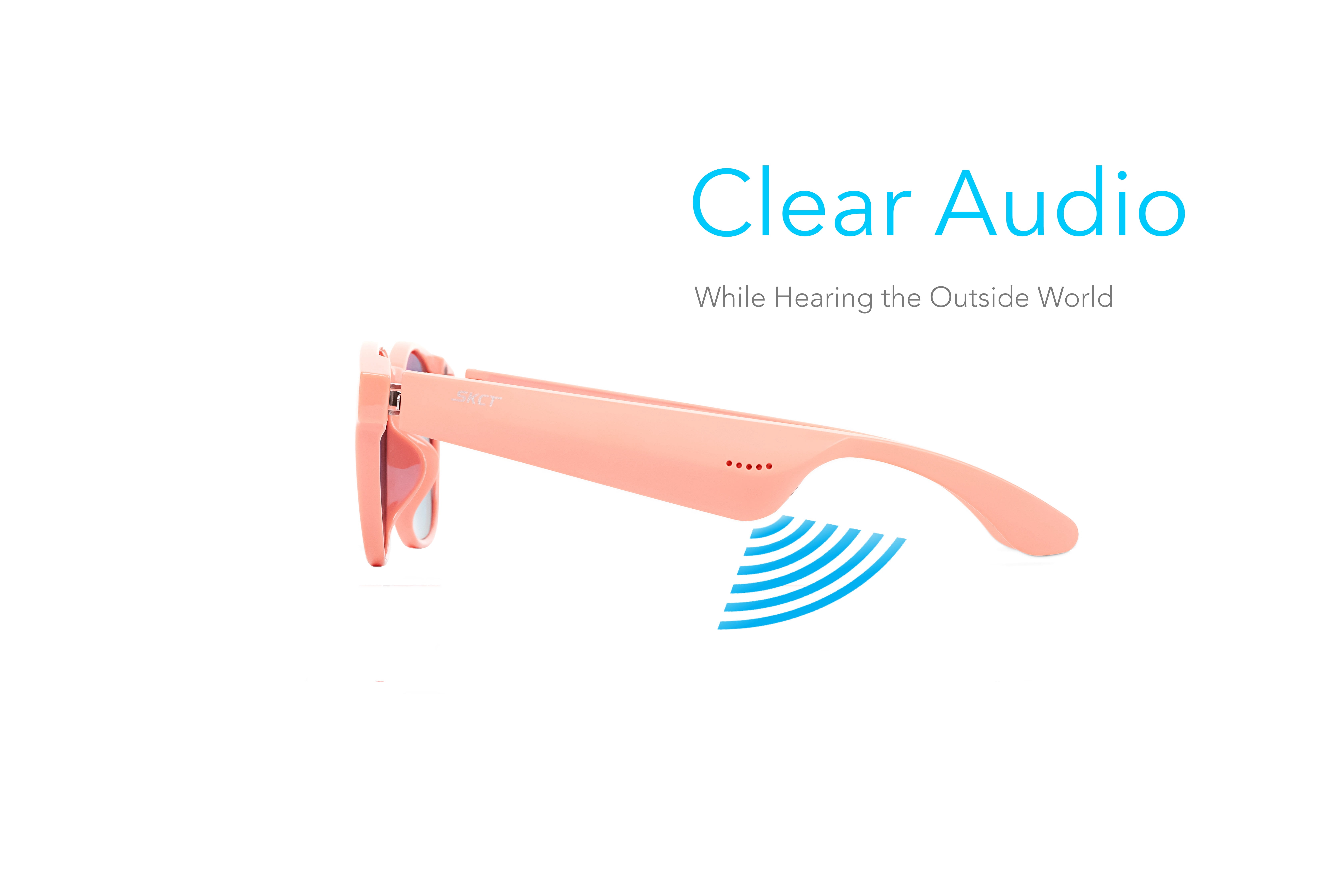 SKCT Smart Glasses, Bluetooth Sunglasses with Polarized lenses, Bluetooth Audio & Hands Free Calling, Open Air Audio, Auto On/Off, Pink with Amber Lenses, 3 styles Switchable Lenses