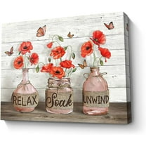Farmhouse Bathroom Decor Wall Art Rustic Poppy Picture Relax Soak Unwind Sign Painting Framed Modern Artwork For Living Room Bedroom Office Home 12x16 In Red Poppy
