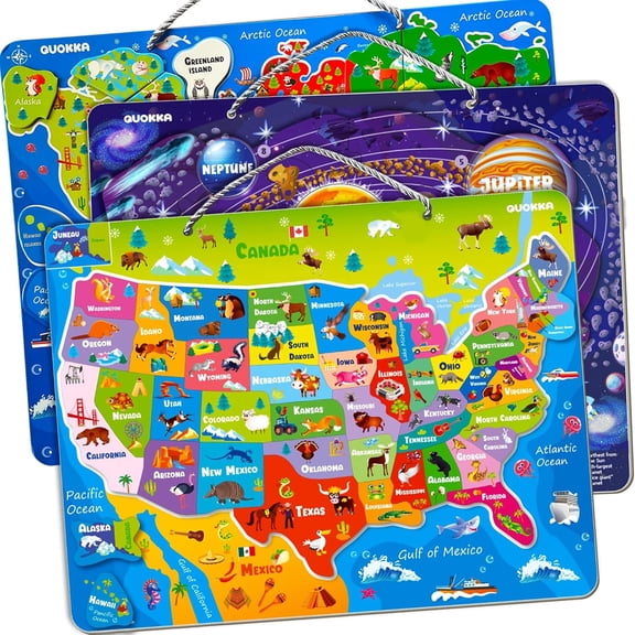 Quokka United States Puzzle for Kids Ages 3-5 — 3 Magnet Puzzles for Kids Ages 4-6 — Space, USA and World Map Toys for Toddlers 2-4