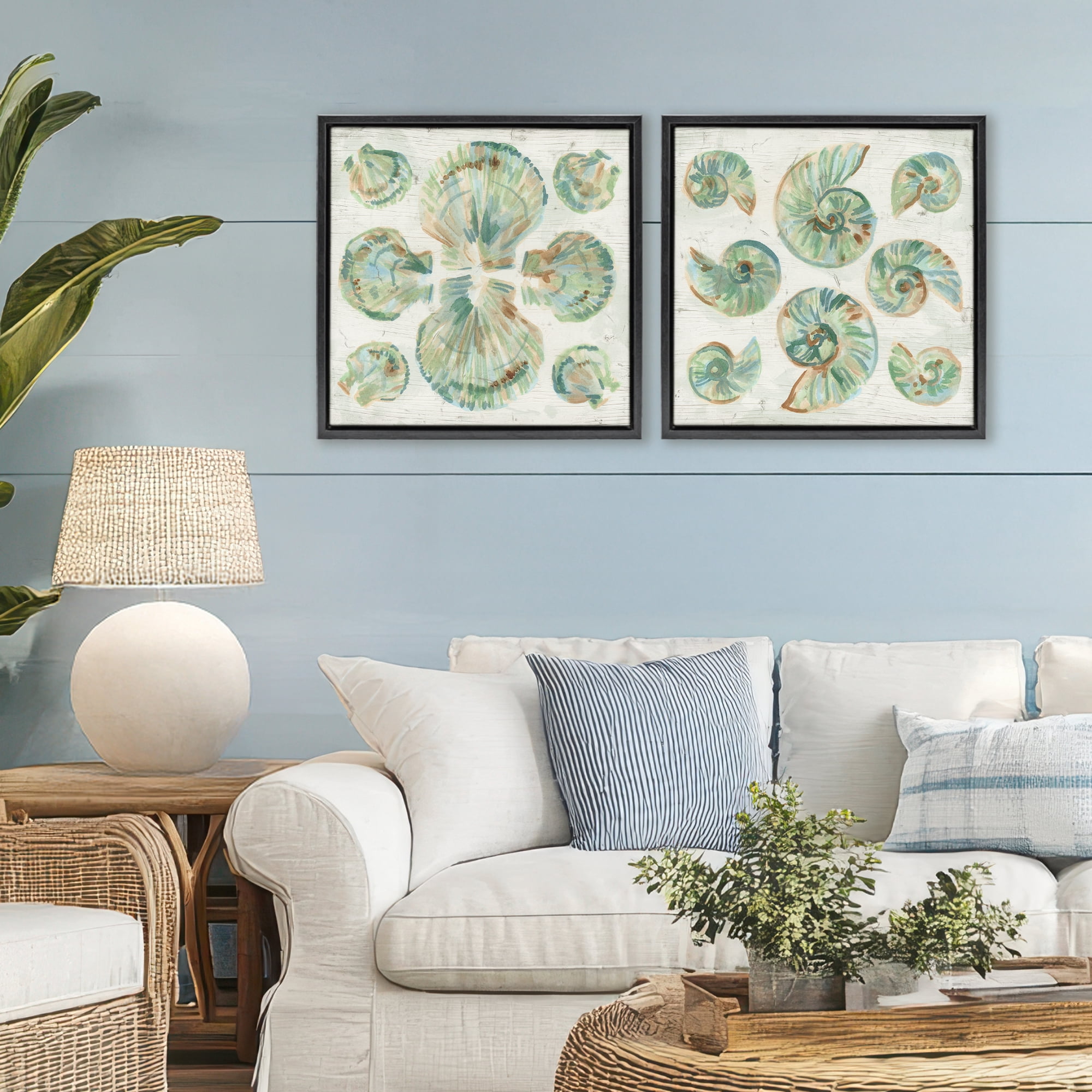 Stupell Industries Saltwashed Seashells Pattern 2 Piece Black Framed Floater Canvas Set, design by June Erica Vess