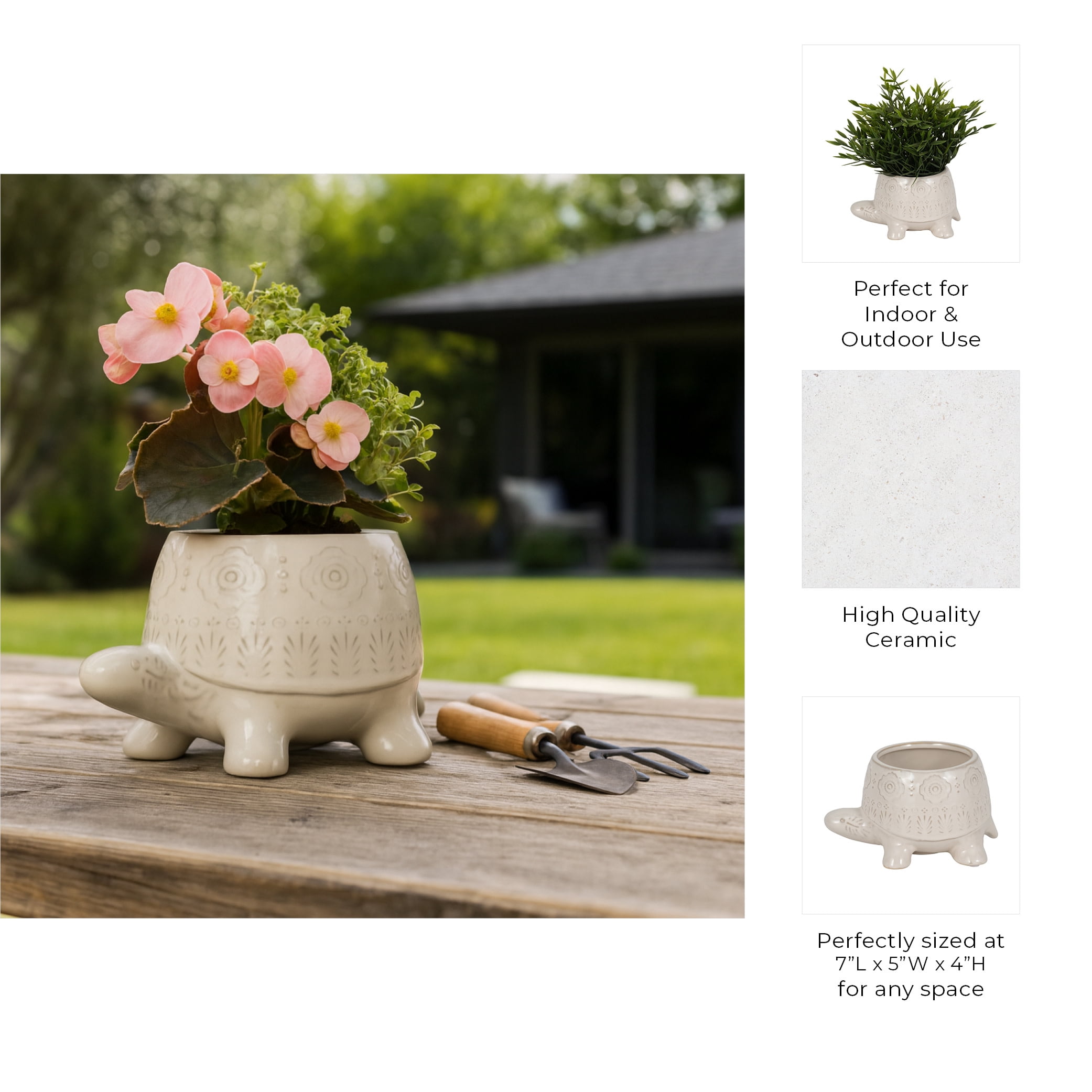Turtle Shaped Ceramic Flower Pots for Home Decor - Sculptural Planters and Pots for Plants with Textured Detail - Decorative Accent Planters for Indoor Plants and Outdoor Placement - 4", White