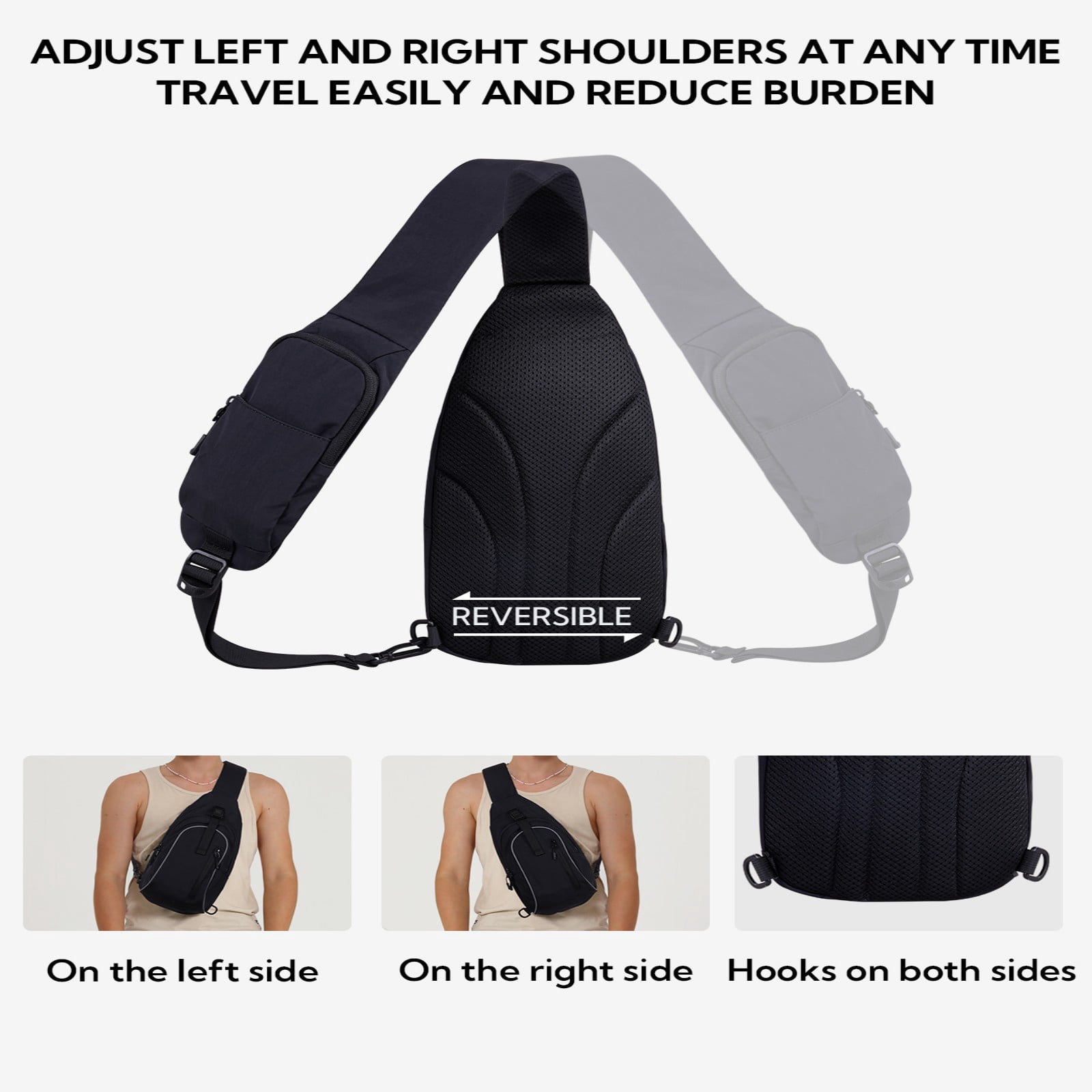 WATERFLY Unisex Lightweight Travel Hiking Nylon Cross-Body Shoulder Chest Bag,Black