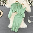 thumbnail image 2 of Women Suitable Knitted Dress Long Winter Dress Two Piece Suit Pullover Long Suit Dress Top and Dress Bodycon Jacket with Slits 2 Piece Set Midi Dress Knitted Dress Set, 2 of 8