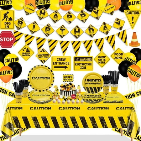 Construction Birthday Party Supplies, Includes Plates, Construction Tablecloth, Happy Birthday Banner, Truck Balloons, Cake Toppers, Construction Sign Decorations, for Boy's Birthday, Serves 20