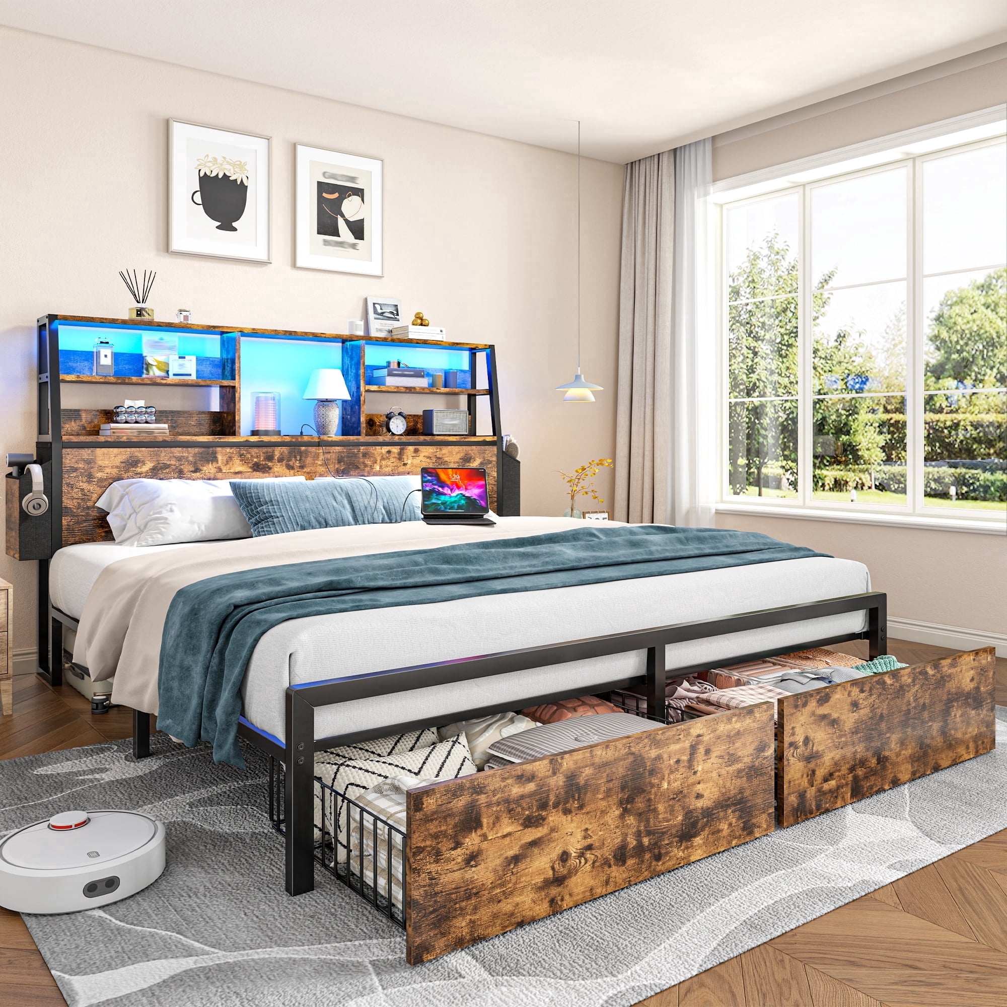 EnHomee Metal Bed Frame with 3-Tier Storage Headboard Queen Size Metal Bed Frame with 2 Underbed Drawers & 2 Bedside Fabric Drawers & LED Lights & Charge Station,Rustic Brown