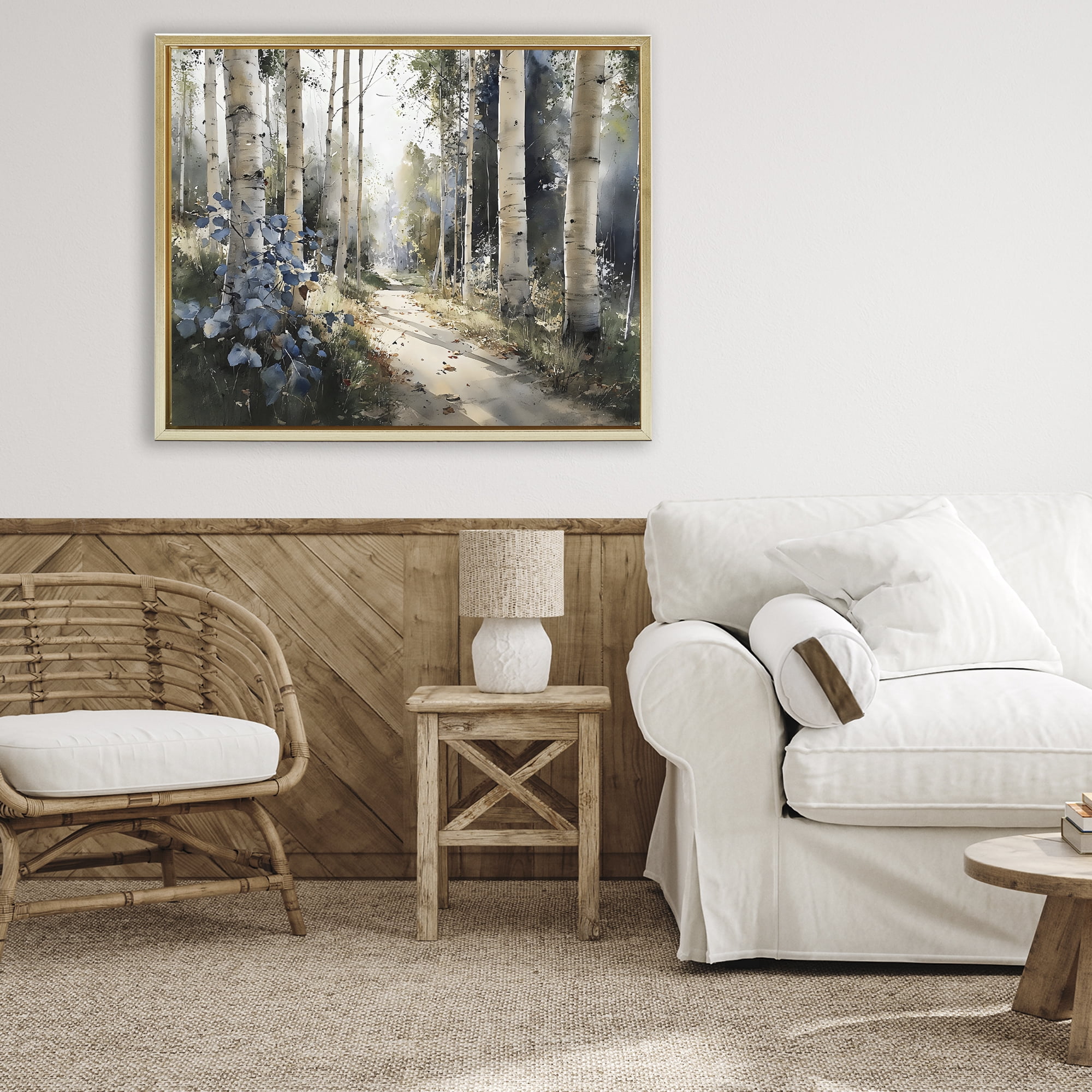 Stupell Industries Blue Birch Sunlit Forest Gold Framed Floater Canvas Wall Art, design by Franklyn Gregory