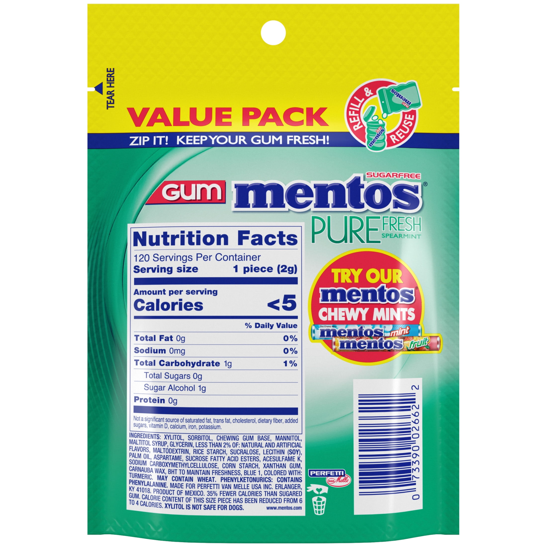 Mentos Pure Fresh Sugar-Free Spearmint Xylitol Chewing Gum, 120 Count Resealable Bag