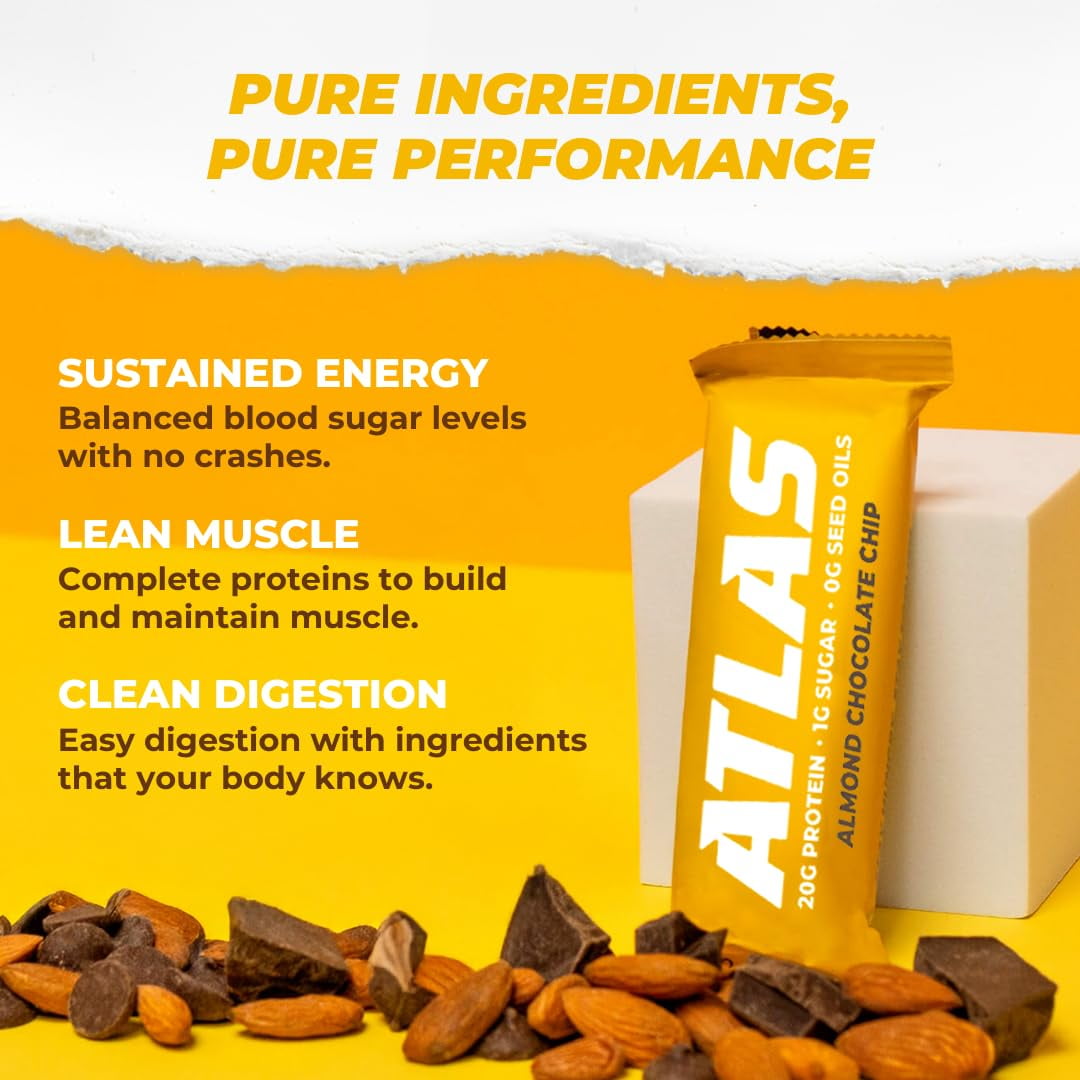 Atlas Bar, Keto Friendly & Grass Fed Whey Protein Bar, Almond Chocolate Chip, 15g Protein, 10 Bars