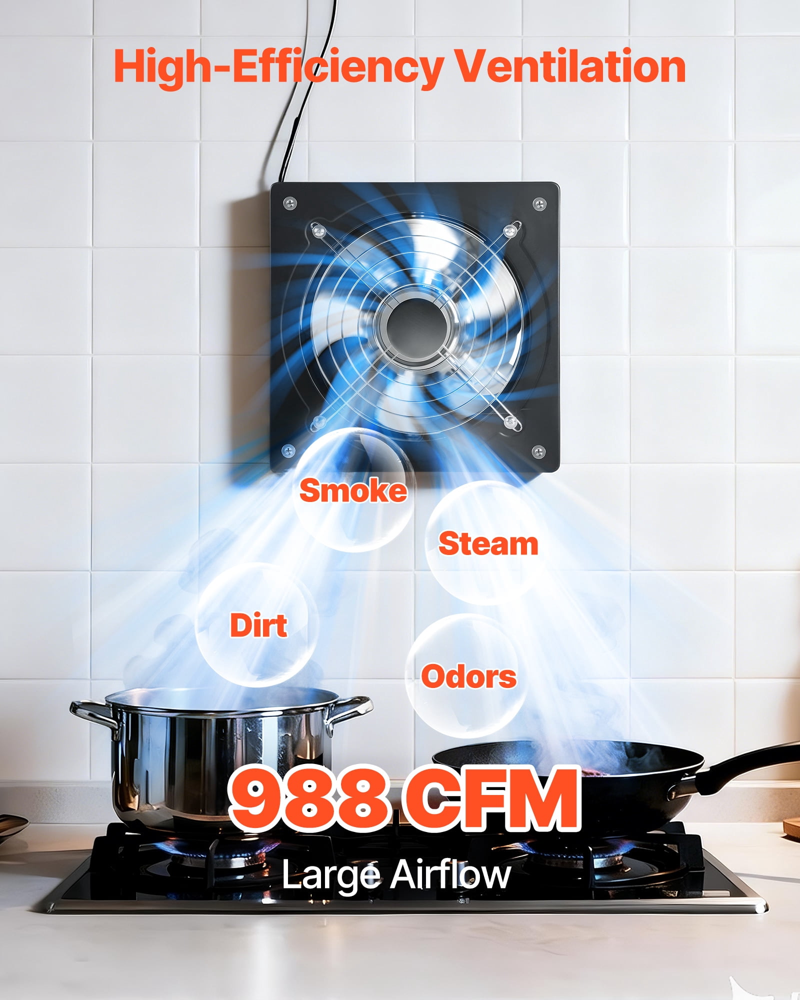 VEVOR 10 Inch Exhaust Fan, 988 CFM High Velocity Wall Mount Vent Fan with On/Off Control, Low Consumption, Portable Ventilation Extractor for Attic,Garage,Basement,Workshop,Kitchen,Chicken Coop,Black