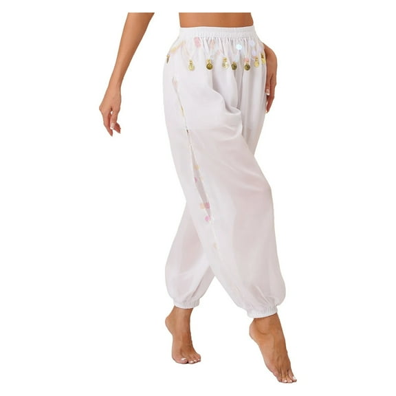 Womens Dancewear Belly Dance Stage Performance Costume Side Split Sequins Bloomers Semi See-Though Loose Pants
