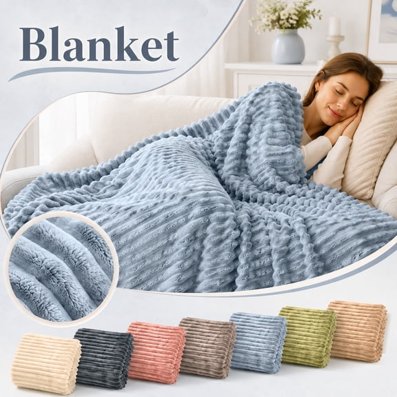 Walmart Blankets Flannel Striped Plush 71X79 Inch, Cozy Light Gray Blue Soft Warm Blanket for Living Room, Perfect Present 1 Pack Heavyweight