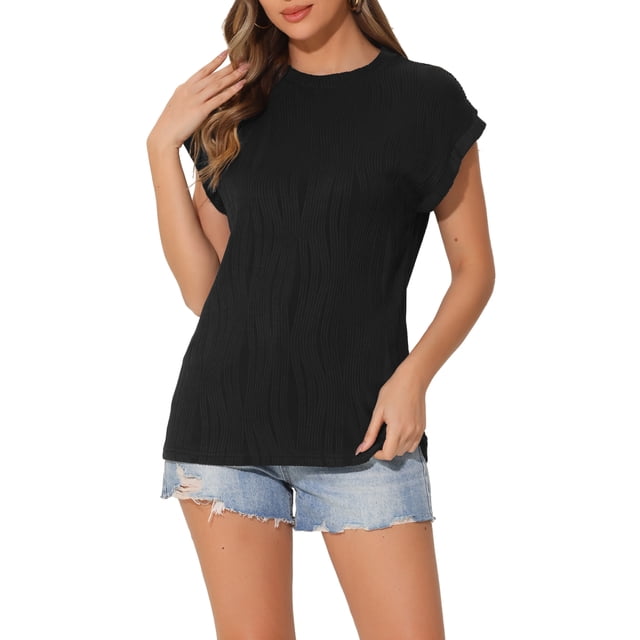 INSPIRAR CHIC Top Texturizado de Verano para Mujer con Mangas Cortas, Cuello Redondo, Suéter Casual Básico Talla S Negro