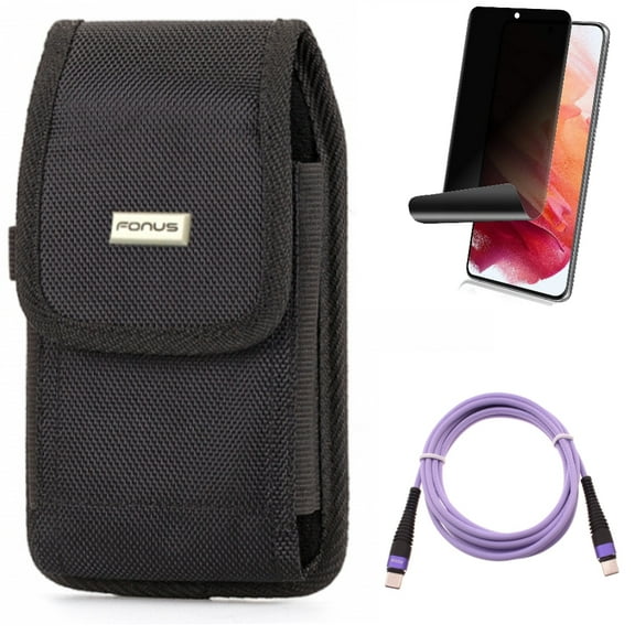 Privacy Screen Protector w Case Belt Clip w Purple 6ft PD Cable for Samsung Galaxy S21 Plus - TPU Film Fingerprint Works, Swivel Holster, Type-C to USB-C Long Charger Cord Accessory Bundle