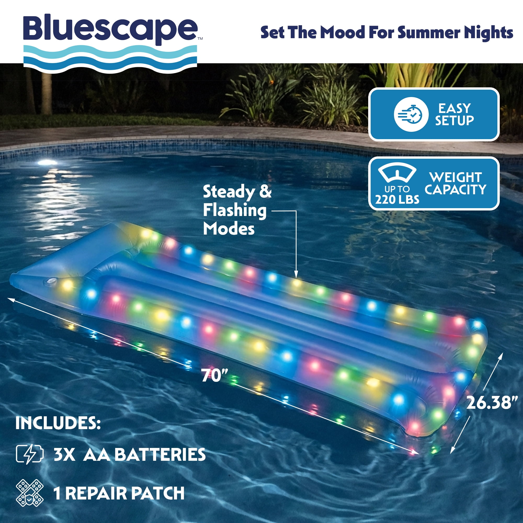 (2 pack) Bluescape LED Pool Raft – Inflatable Color-Changing LED Light-Up Pool Float, Waterproof Lounge Raft
