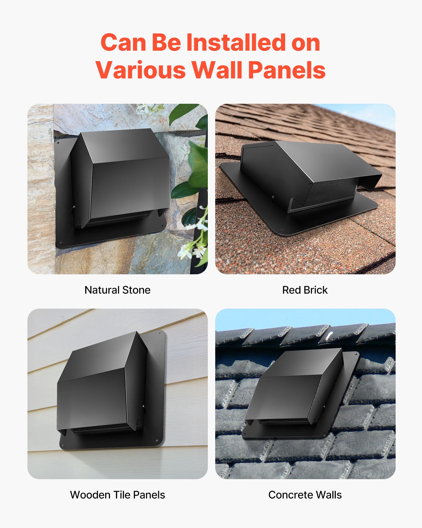 VEVOR 6 inch Hooded Wall Vent Cover, Square AC Vent Gable Cover, Premium SPCC Steel & with Built-in a Protection Screen, for Roofs,Walls,Outside Duct Exhaust Outlets (1 Pack, Black)