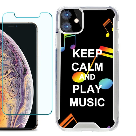 For Apple iPhone 11 Case, Hybrid Bumper Phone Case, with Tempered Glass Screen Protector, by OneToughShield ® - Keep Calm Music
