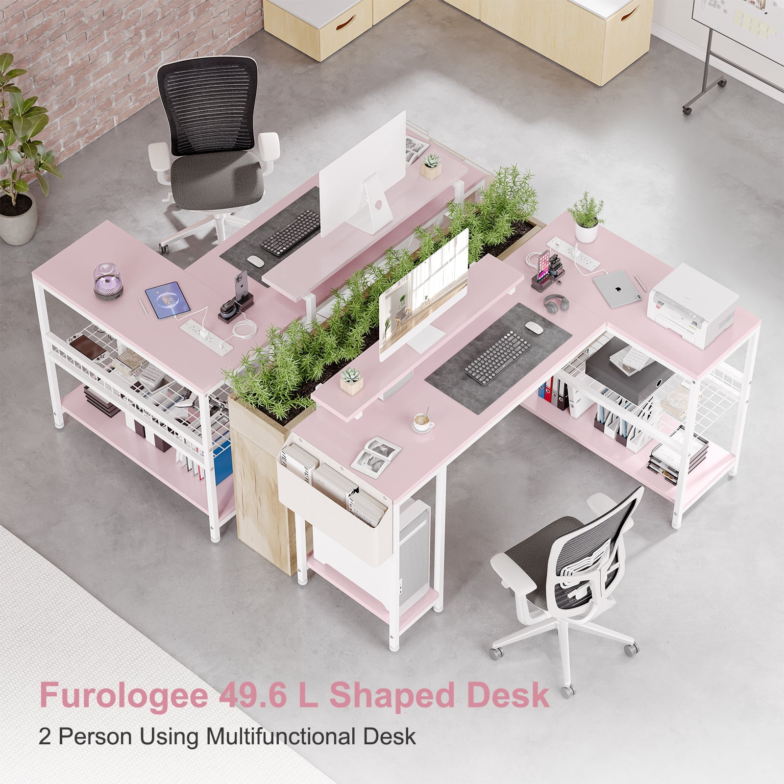 L Shaped Desk, Computer Gaming Desk with Power Outlet & Led Light, Reversible Corner Desk with Monitor Stand & Storage Shelves, Storage Bag for Home Office