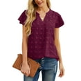thumbnail image 3 of JWD Women’s V Neck Ruffle Short Sleeve Blouse Swiss Dot Flowy Shirt Summer Casual Lightweight Top Wine red-M, 3 of 6