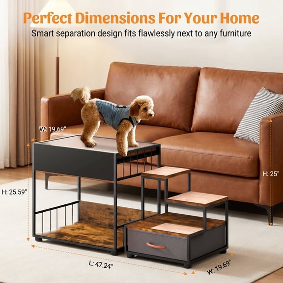 Pet Step Window Perch for Dogs and Cats, 47.2 in Elevated Bedside Pet Bunk Bed with 3-Step Stairs, Storage Drawer, Non-Slip Pad, Rustic Brown