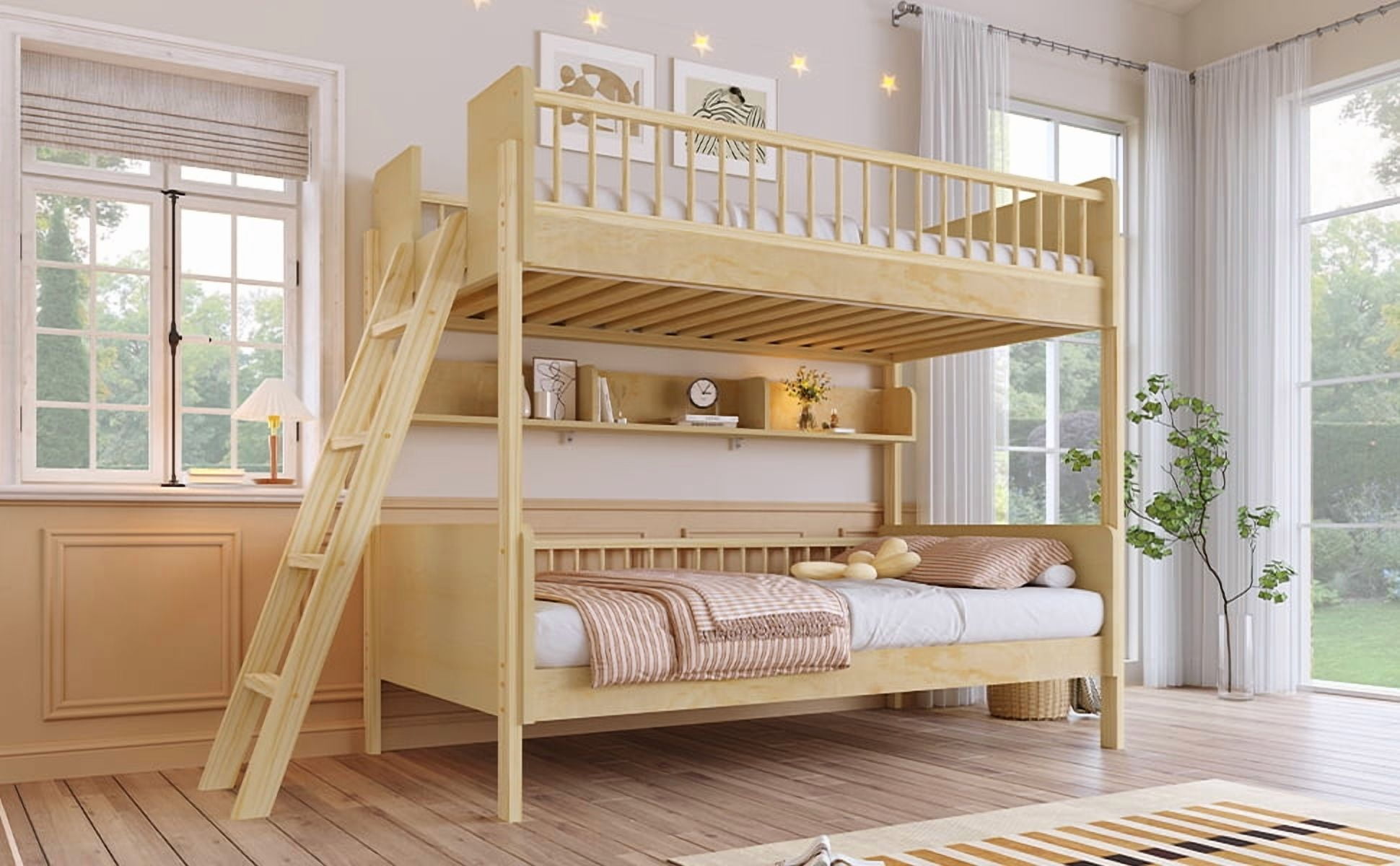 Yoneston Twin Over Twin Size Bunk Bed with 3 Storage Shelves, Wooden Platform Bed Frame with Safety Guardrails & Adjustable Ladder for Kids Teens Bedroom Dorm, Natural