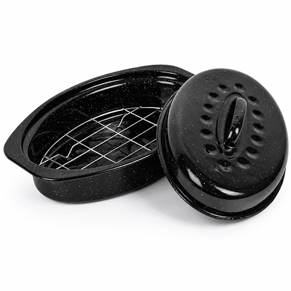 13 Inch Enameled Carbon Steel Roasting Pan With Lid And Rack