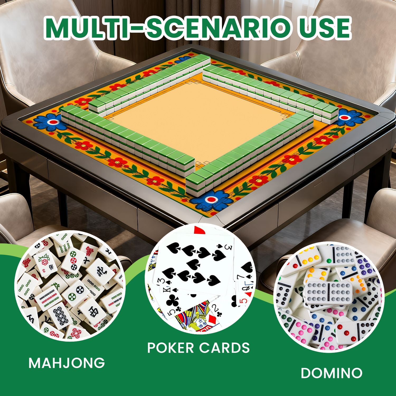 Mahjong Mat 31.5" x 31.5" Colorful Folk Art Floral Border Blue Red Flowers Orange Non-Slip Noise Reduction American Mahjong Tiles Table Cover for Dominoes Poker Card Board Games Gift