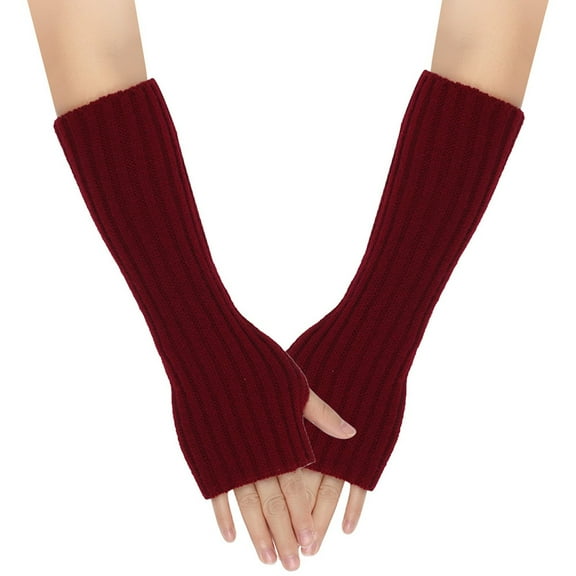 Tao Tao Women Knit Arm Warmer Long Fingerless Knit Gloves Winter Mitten Gloves Thumb Hole Gloves Winter Thick Warm Solid Color Arm Warmer Burgundy Free Size