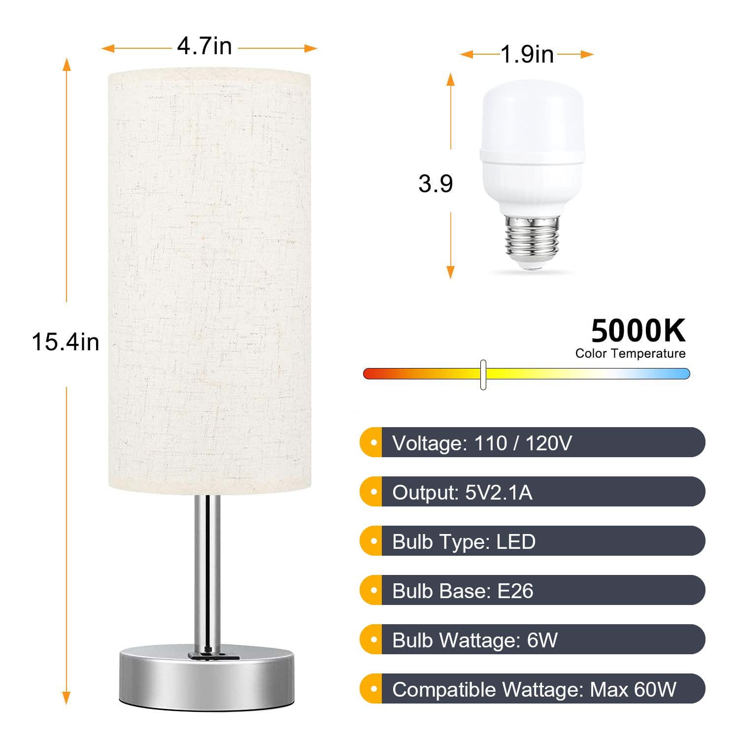 HadinEEon 15.4" Table Lamp, 3 Way Dimmable Light Touch Lamp, USB C&A Fast Charging Ports, Fabric Shade Silver Base, for Bedroom, Living Room, Office