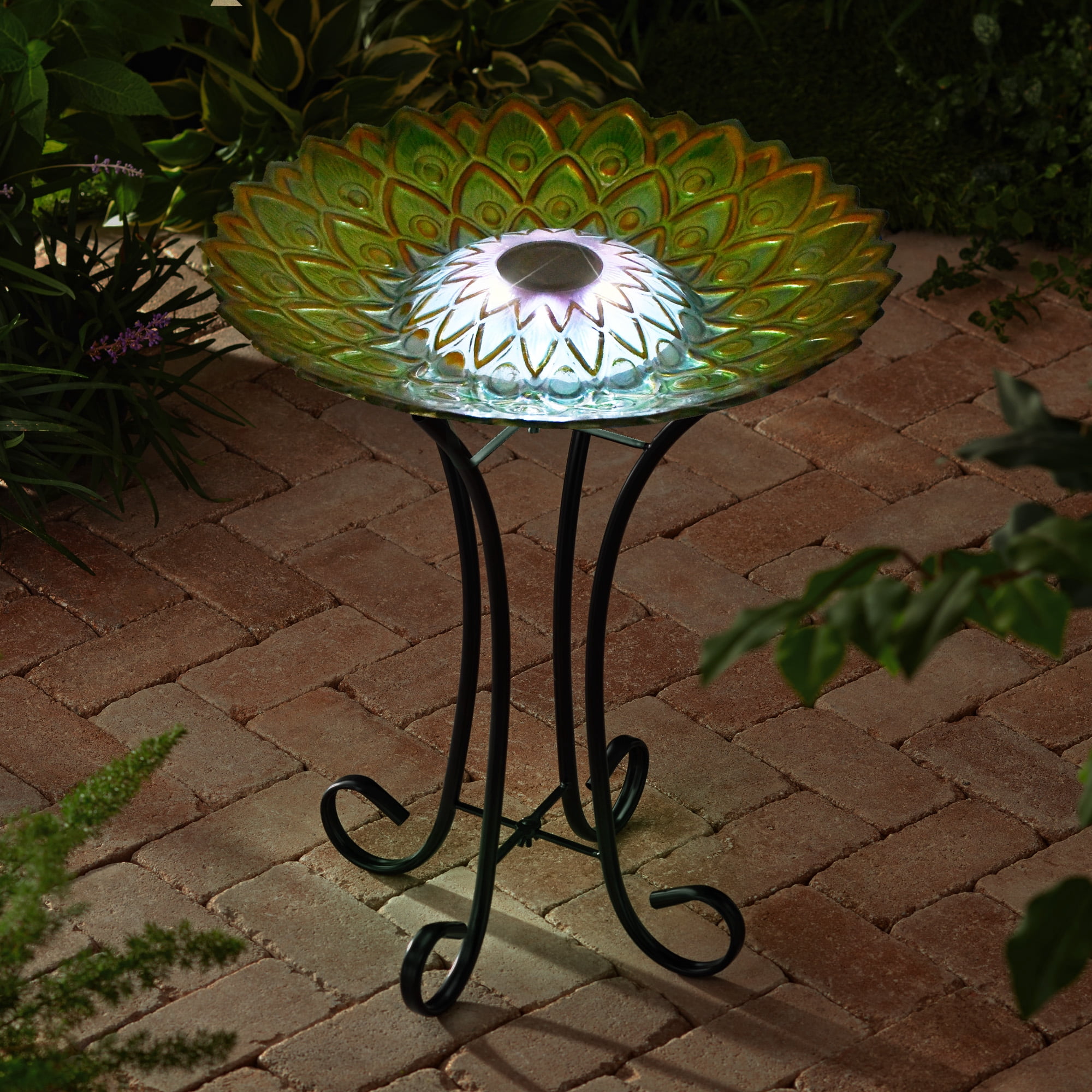 SOLAR PEACOCK GREEN GEOMETRIC GLASS BIRD BATH WITH STAND