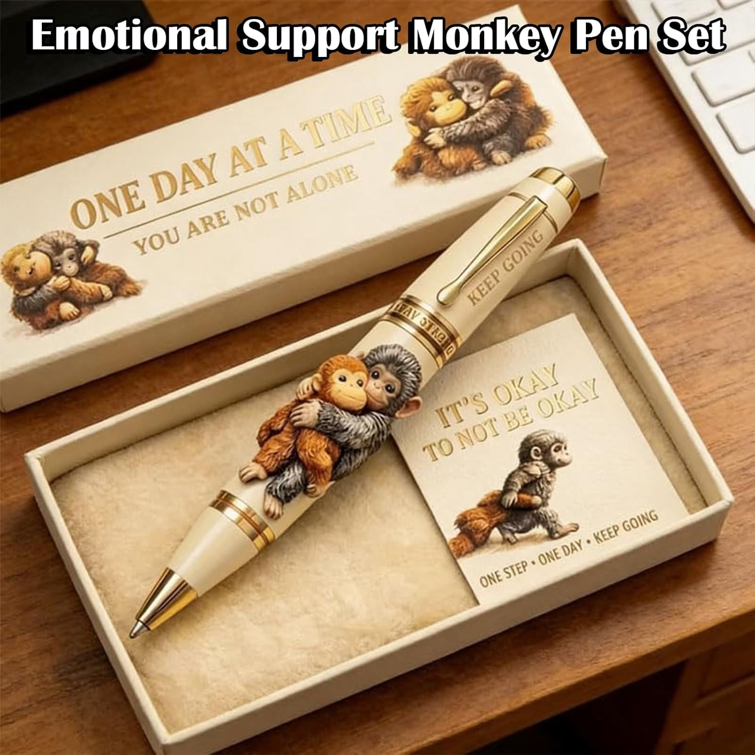 Inspirational Monkey Pen Set with Encouragement Card – Cute Metal Pen with “One Day at a Time” Message, Motivational Gift for Animal Lovers in Gift Box