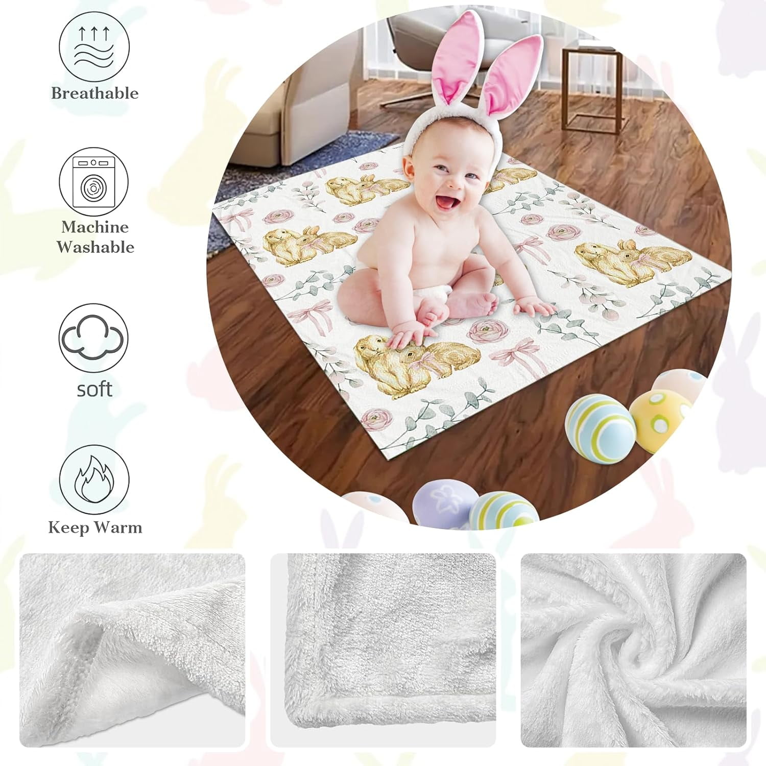 Luxury Plush Easter Blanket Cute Bunny Pink Bud Bow Tie Eucalyptus Leaves Throw Blanket for Couch,Lightweight Soft and Warm Throws Blankets for Sofa Bed Living Room in Spring 40"x50"