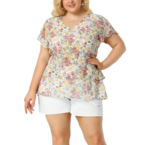 GRACE & GRANDEUR Summer Tops for Women 2024 Plus Size V Neck Short Sleeve Layered Casual Floral Blouse 3X White