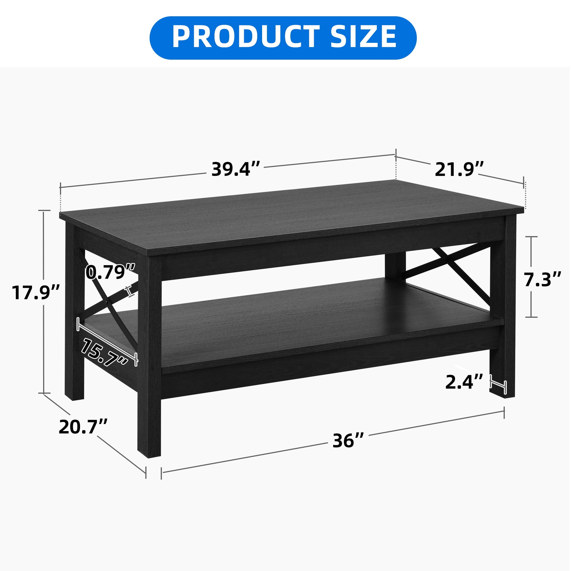 Dextrus Farmhouse Modern Coffee Table with Open Storage Shelf, Black