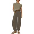 thumbnail image 2 of Women's 2 Piece Set, Summer Short Sleeve Top and Loose Fit Pants Outfit, Casual Cuffed Ankle Lounge Set, Matching Outfit Set for Women, Summer Lounge Set and Casual Wear-Brown, 2 of 6