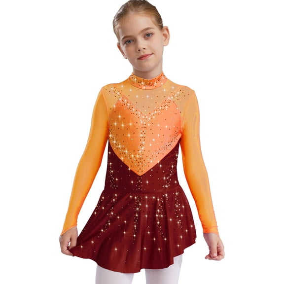 TSSOE Kids Girls Figure Skating Gymnastics Dance Dress Competition Performance Long Sleeve Mesh Patchwork Leotard Orange&Burgundy 8